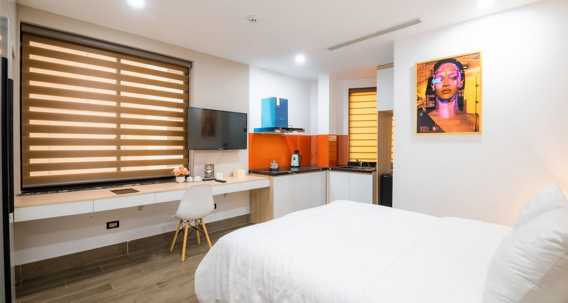 Modern minimalist room at a budget hotel in Manchester city centre